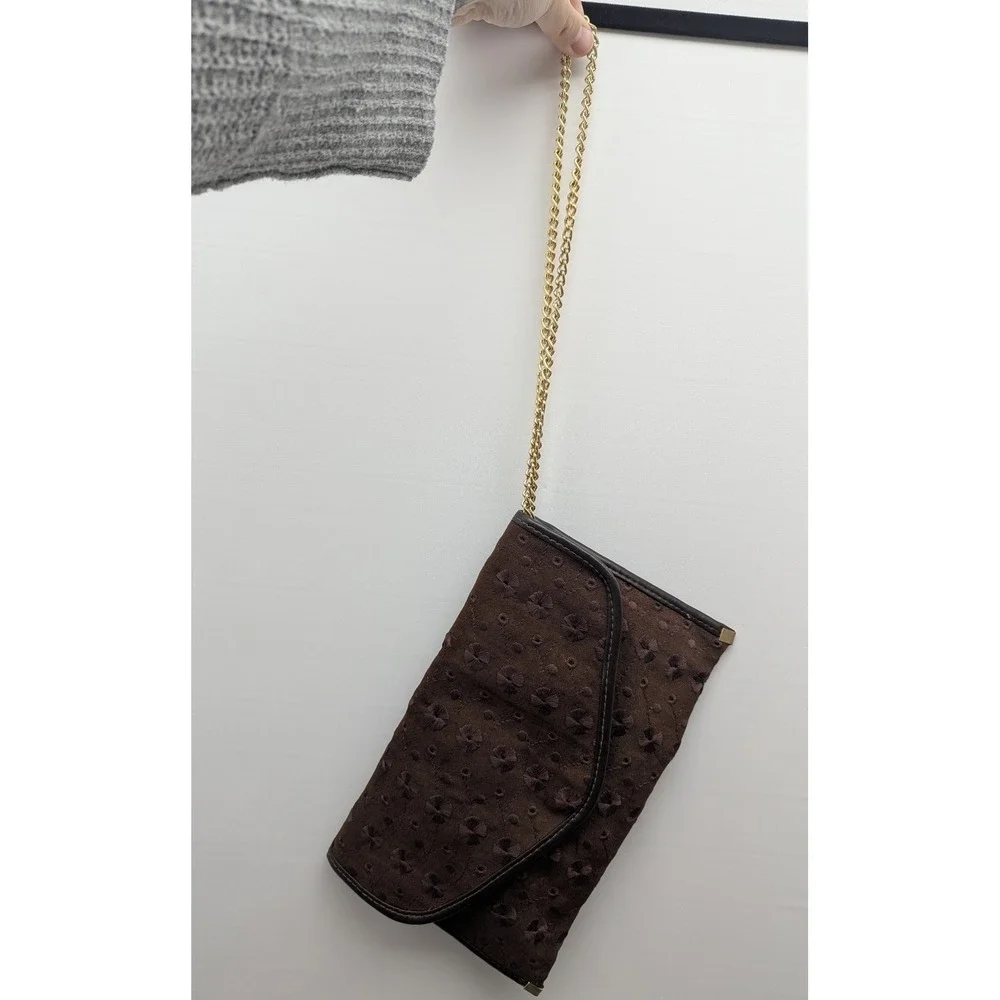 Vintage Envelope Clutch Medium Brown Floral Eyelet Gold Chain Strap Earthy Tones